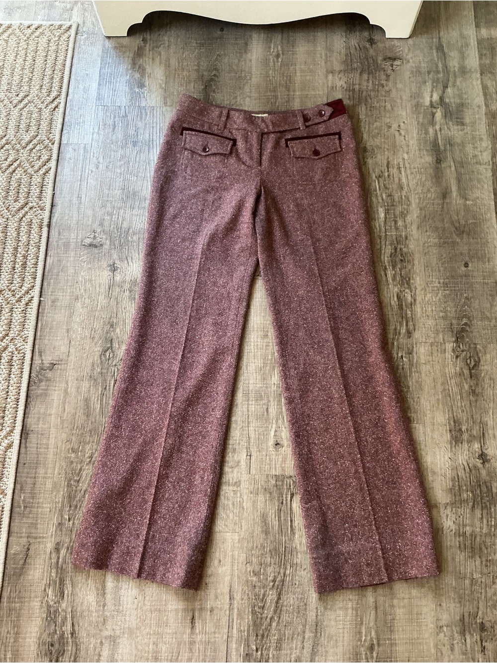 VTG Anthropologie Elevenses Brighton Tweed Flare Pants Size 4 Plum Pink Wool Y2K